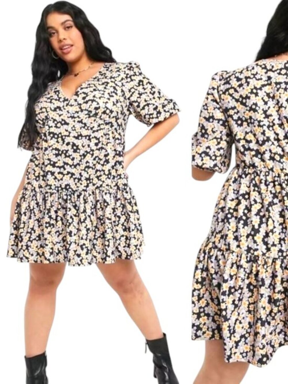 SOS DESIGN Curve Textured Tiered Mini Dress Purple/Orange Ditsy Floral Print
